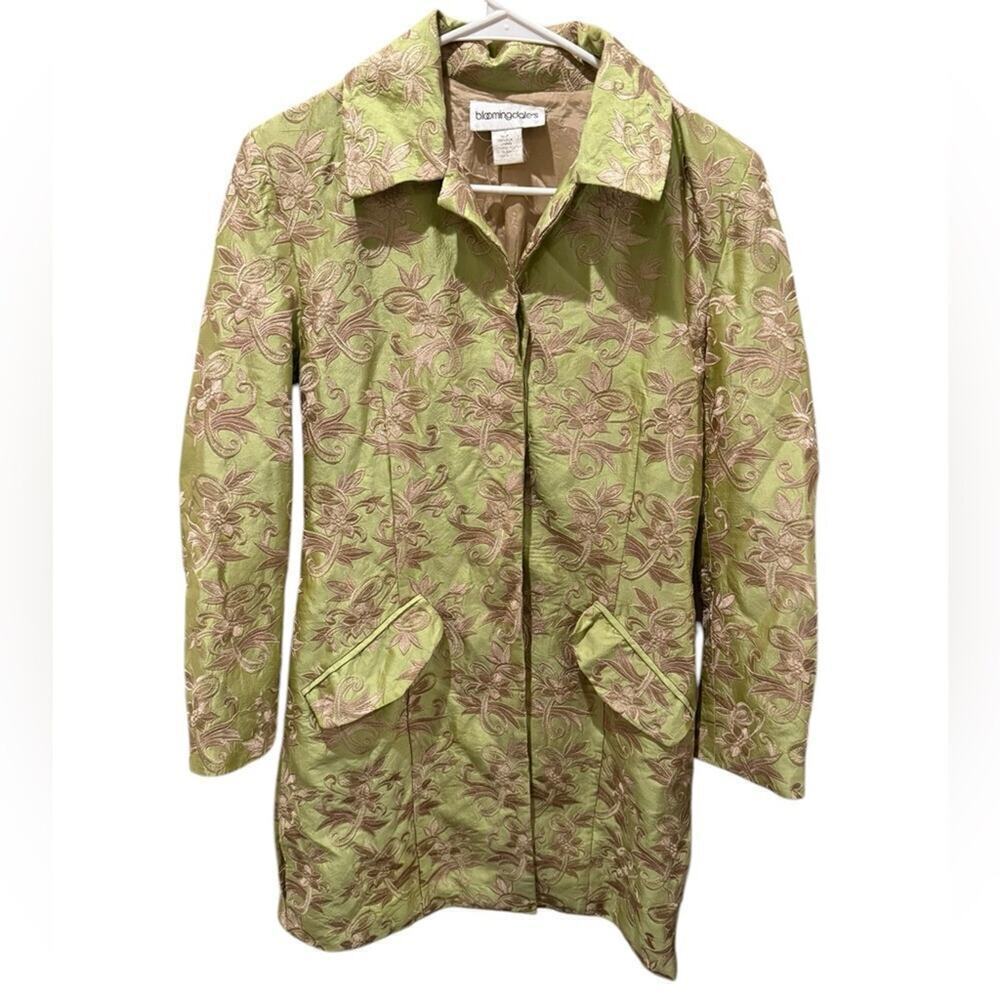 Bloomingdale’s Silk Floral Embroidered Jacket Green Taupe Size 4 Mid Length